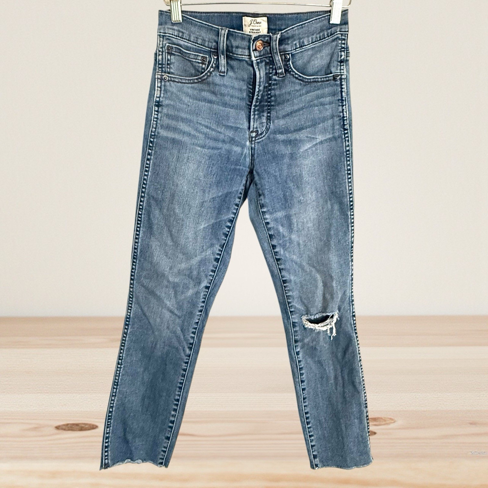 J Crew Vintage Straight Jeans Sz 24 Womens Distressed W Raw Hem 25 1/2" Inseam